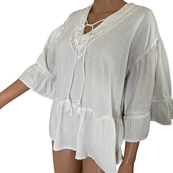 Asos blouse top flowy white 100% cotton lightweight V-neck tie 3/4 sleeve SZ M - Picture 2 of 9